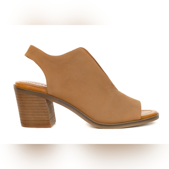 Lucky Brand RHAZY Tan Warm Brown Peep-Toe Slingback Heels Sandals Mules Size 9.5 - Picture 1 of 11